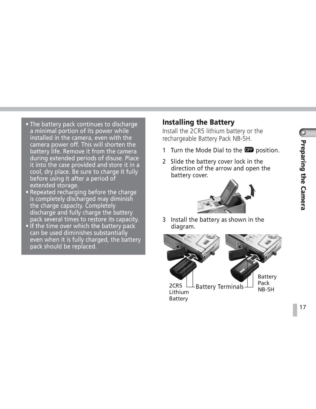 Canon S20 operating instructions Installing the Battery 