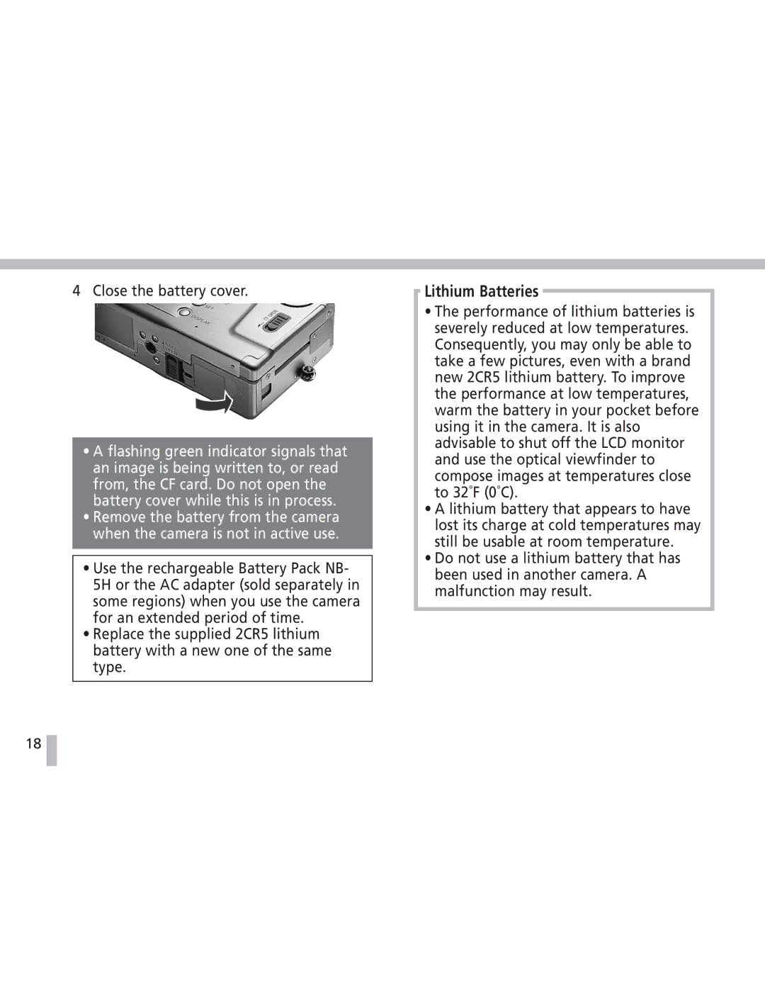 Canon S20 operating instructions Lithium Batteries, Close the battery cover 