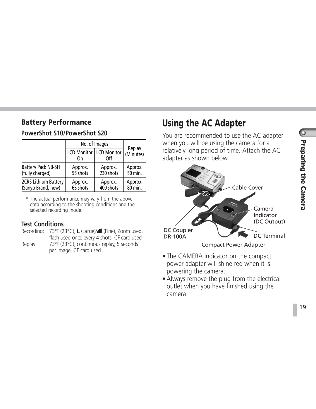 Canon operating instructions Using the AC Adapter, Battery Performance, PowerShot S10/PowerShot S20, Test Conditions 