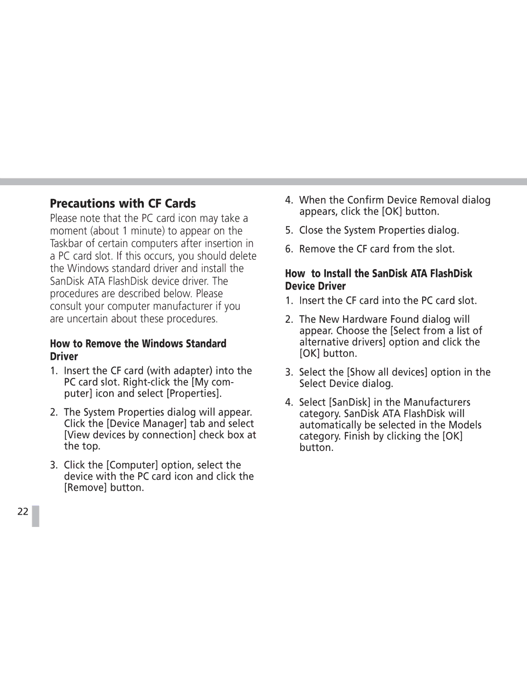 Canon S20 operating instructions Precautions with CF Cards, How to Remove the Windows Standard Driver 