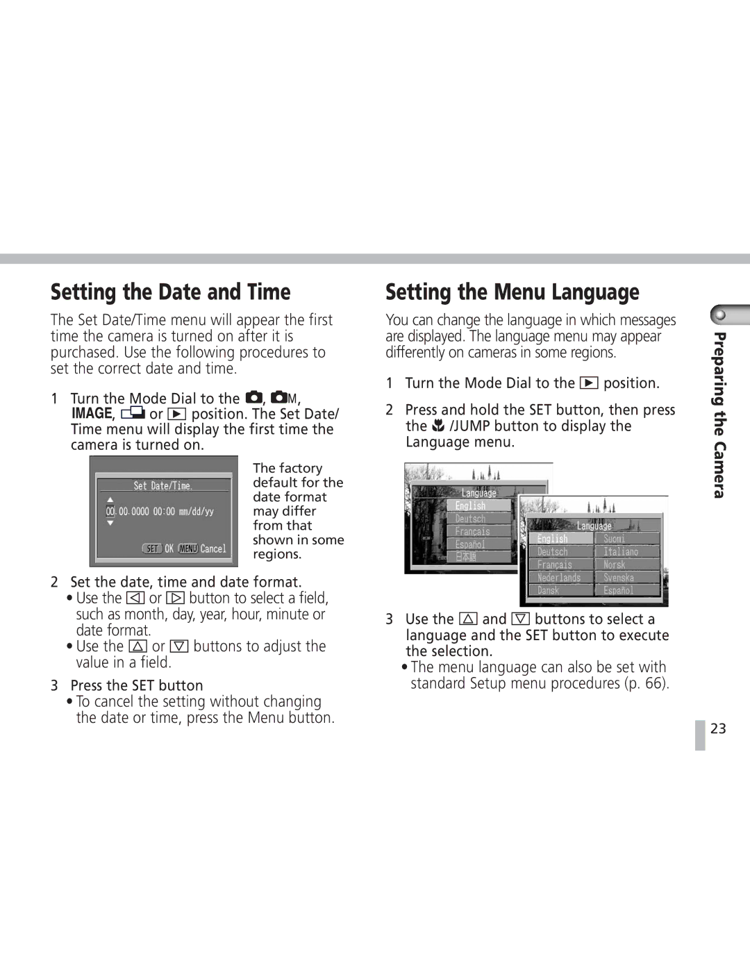 Canon S20 Setting the Date and Time, Setting the Menu Language, Set the date, time and date format, Press the SET button 