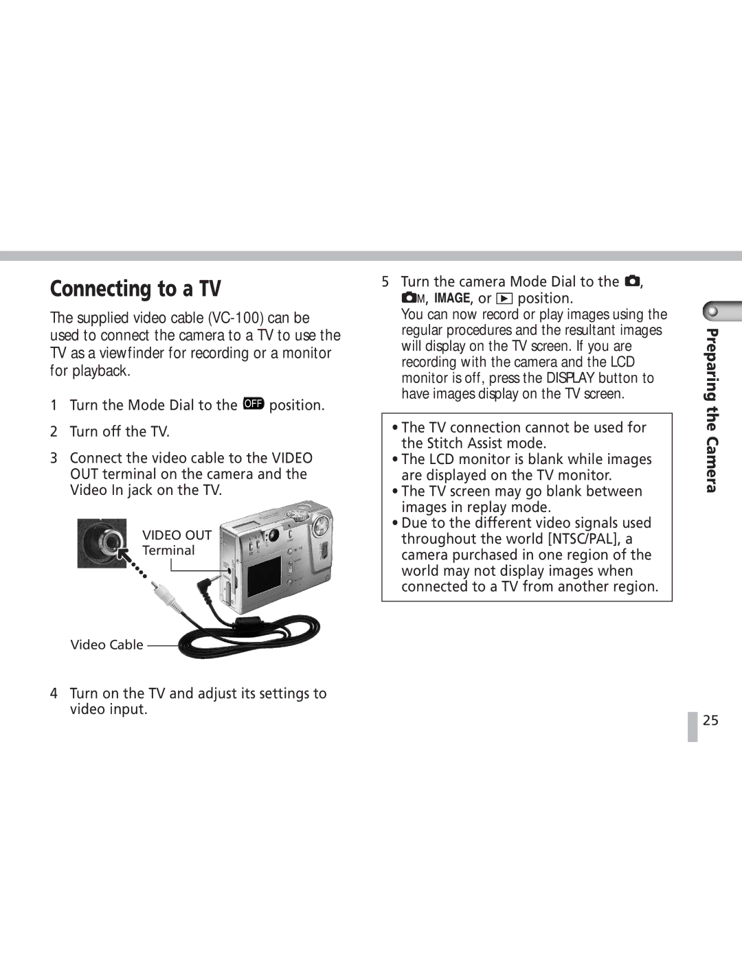 Canon S20 operating instructions Connecting to a TV, Turn the camera Mode Dial to Or position 