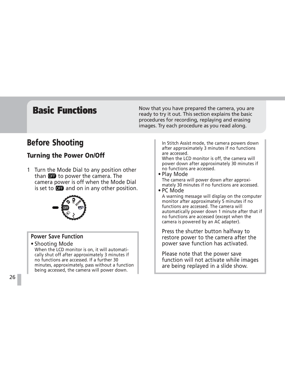 Canon S20 operating instructions Before Shooting, Turning the Power On/Off, Power Save Function, Shooting Mode, Play Mode 