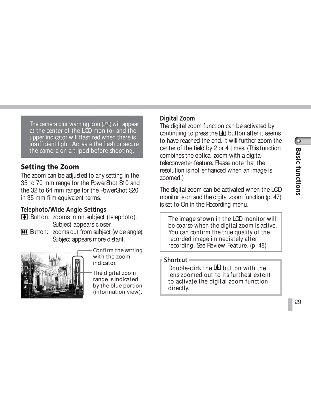 Canon S20 operating instructions Setting the Zoom, Telephoto/Wide Angle Settings, Digital Zoom, Shortcut 