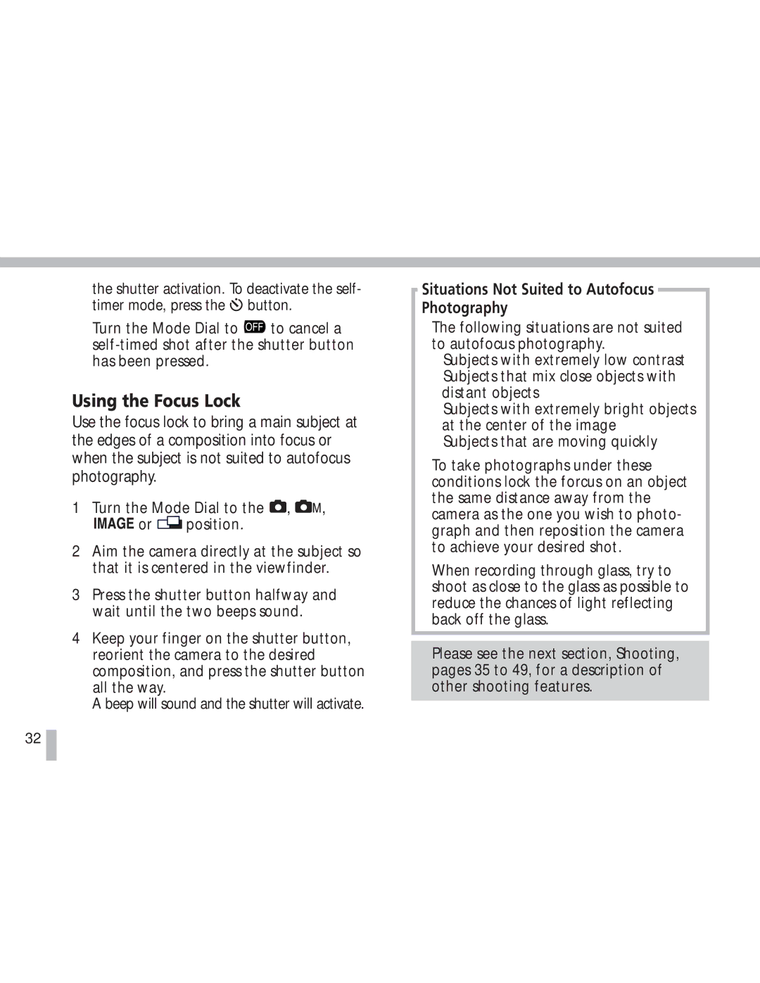 Canon S20 operating instructions Using the Focus Lock, Situations Not Suited to Autofocus Photography 