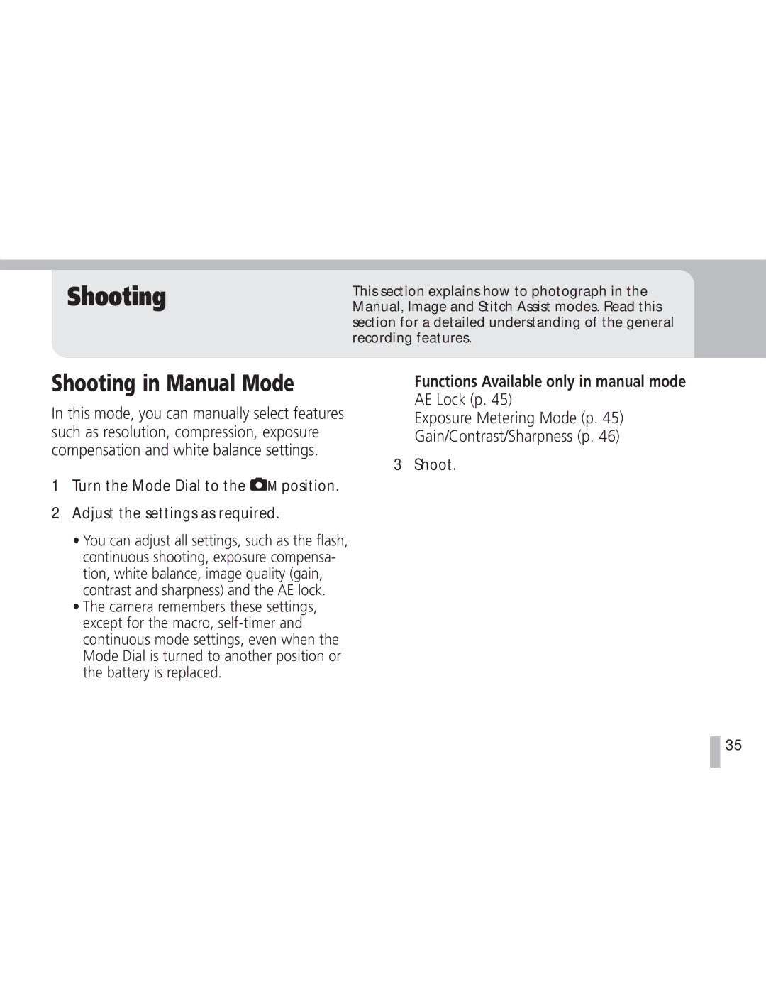 Canon S20 operating instructions Shooting in Manual Mode, Functions Available only in manual mode 