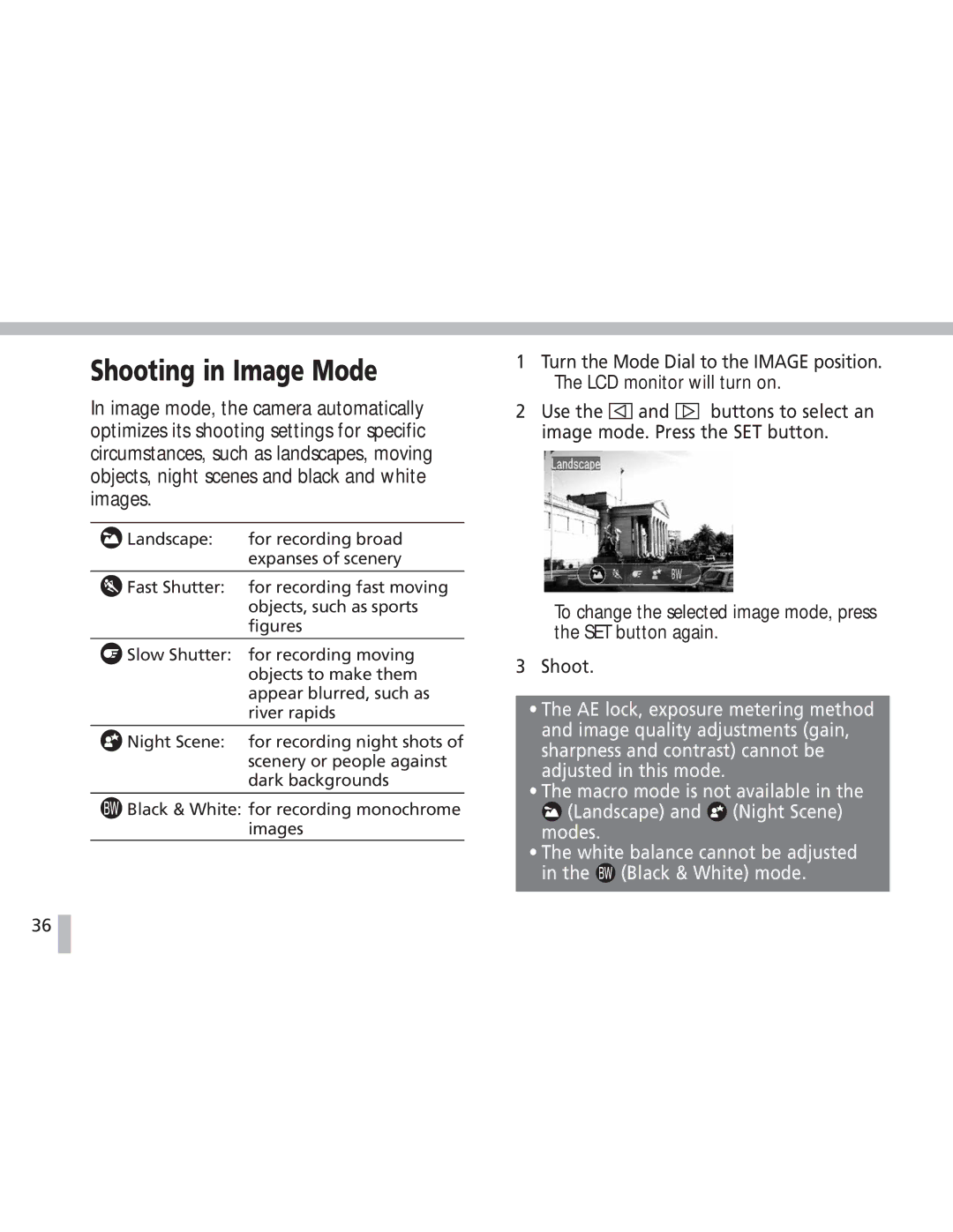 Canon S20 operating instructions Shooting in Image Mode 