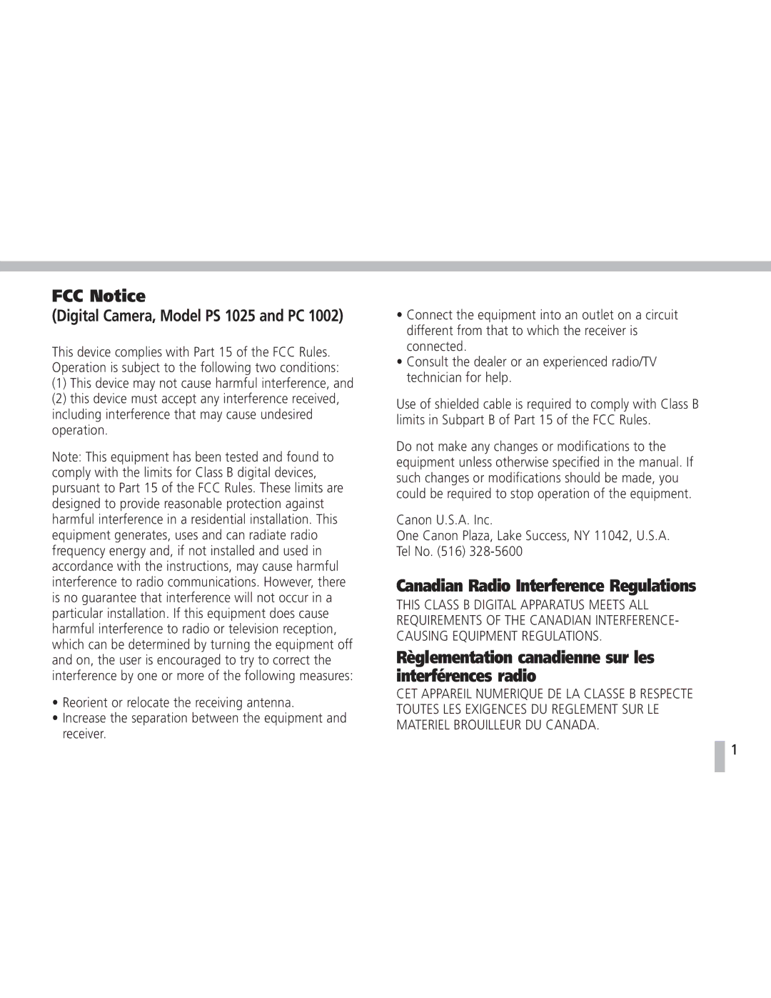 Canon S20 FCC Notice, Canadian Radio Interference Regulations, Règlementation canadienne sur les interférences radio 