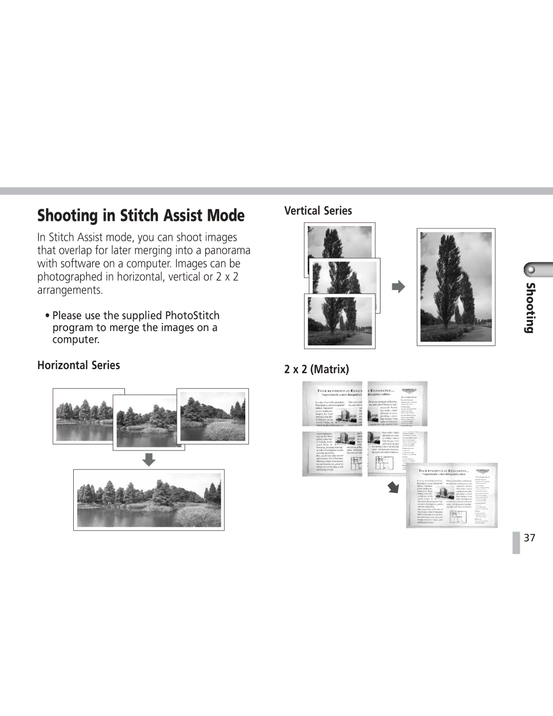 Canon S20 operating instructions Shooting in Stitch Assist Mode, Horizontal Series Vertical Series 2 Matrix 