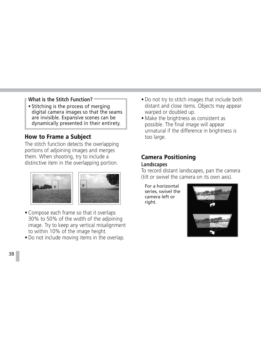 Canon S20 operating instructions How to Frame a Subject, Camera Positioning, What is the Stitch Function?, Landscapes 