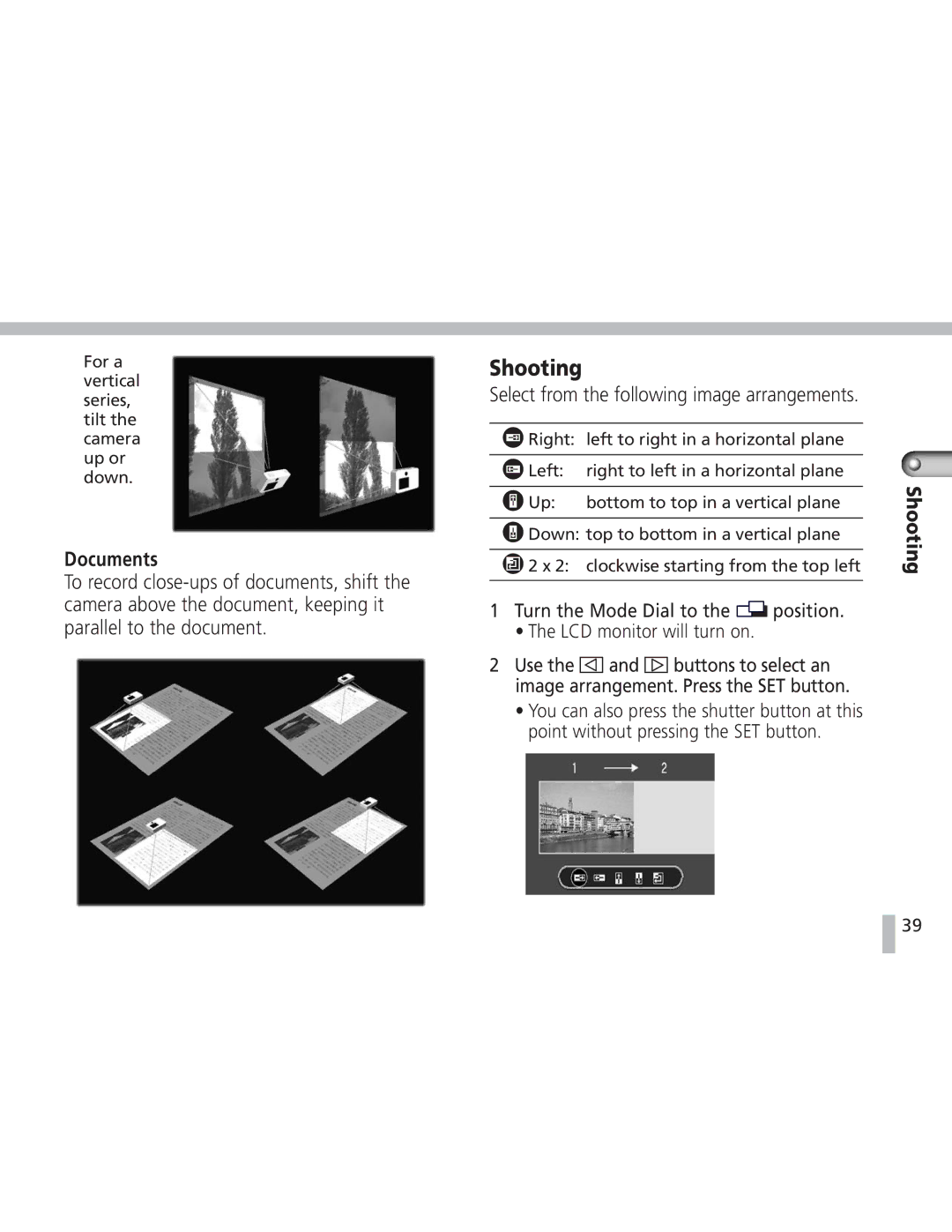 Canon S20 operating instructions Shooting, Documents, Turn the Mode Dial to the position LCD monitor will turn on 