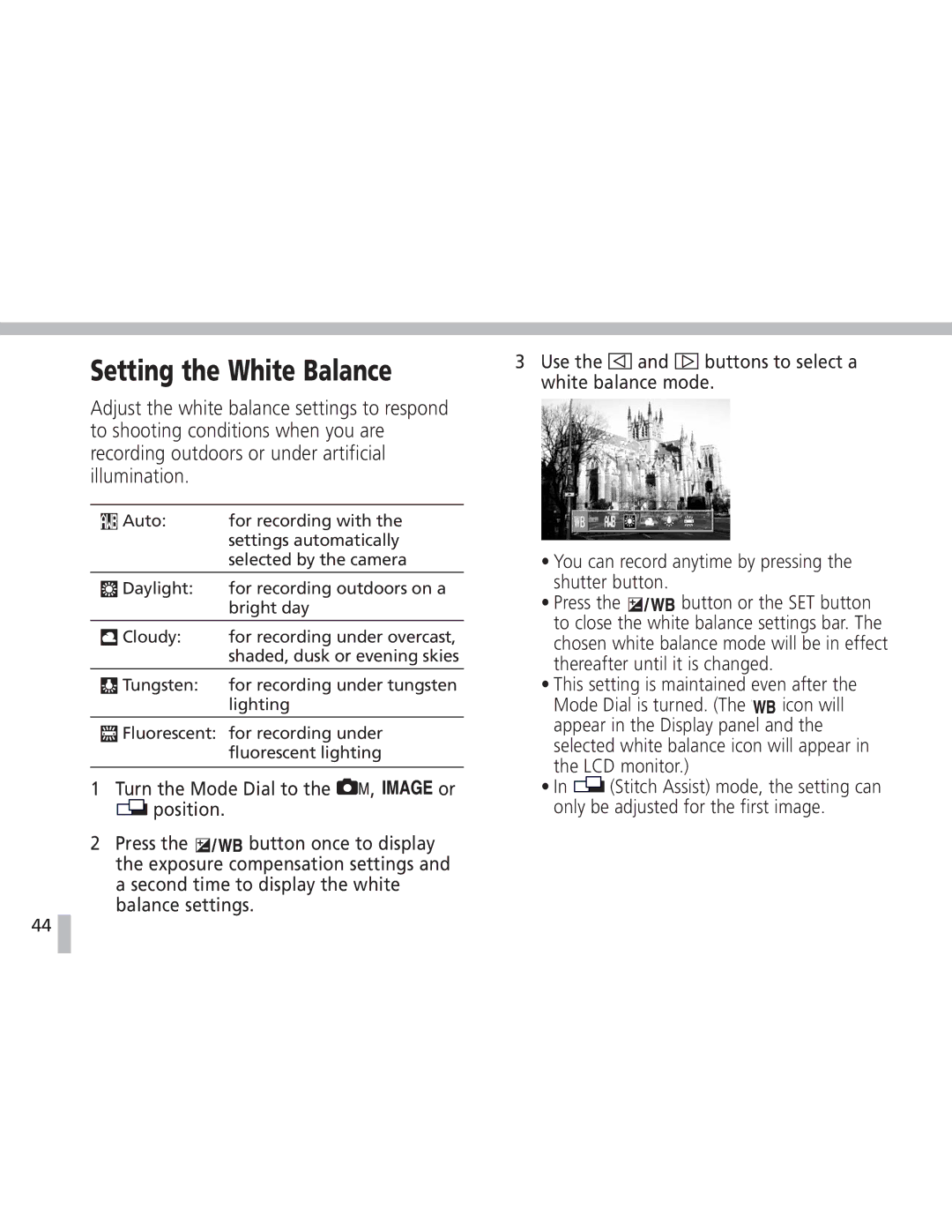 Canon S20 operating instructions Setting the White Balance 