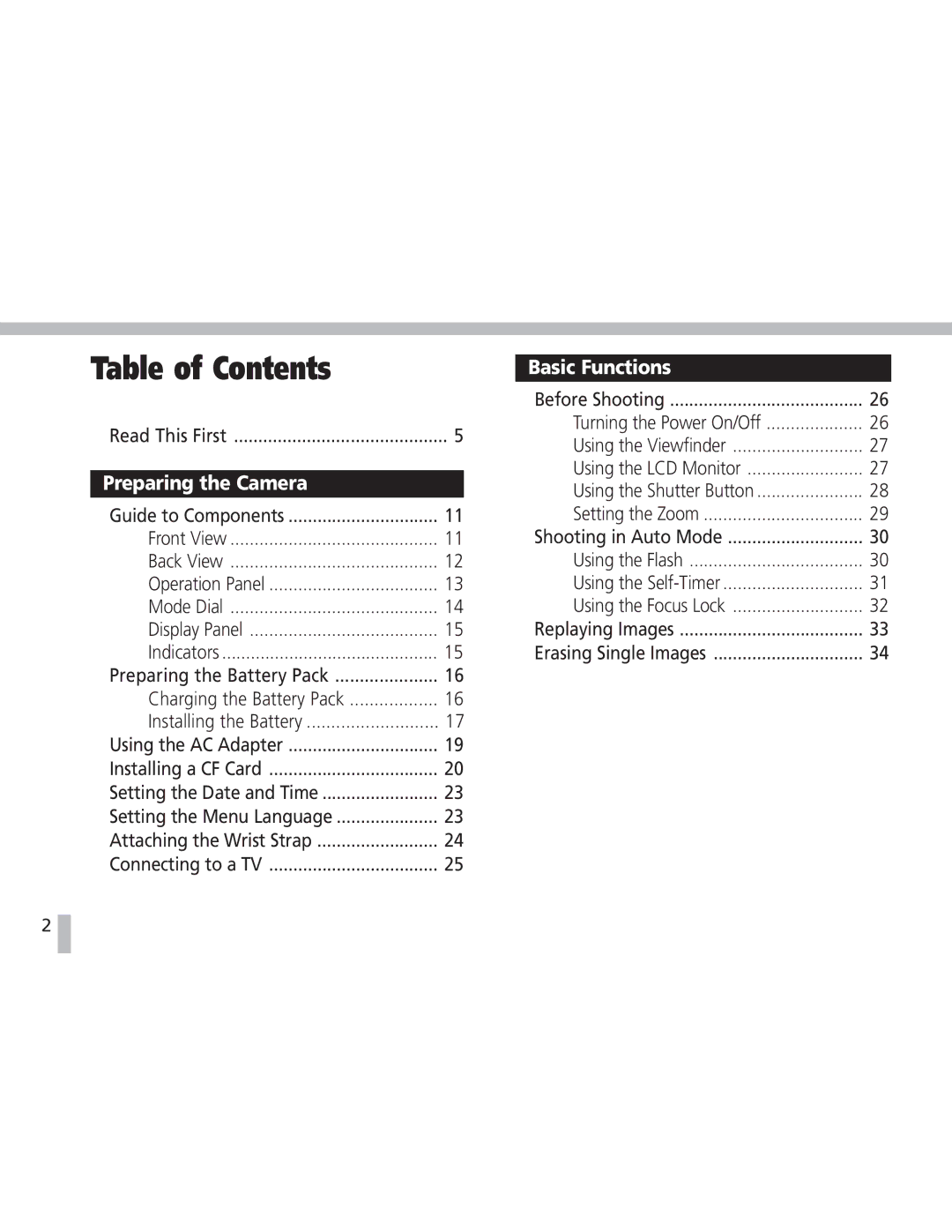 Canon S20 operating instructions Table of Contents 