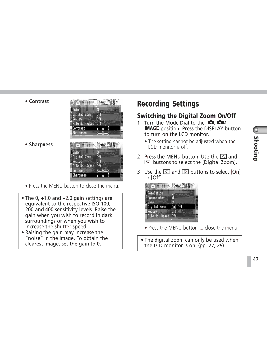 Canon S20 operating instructions Recording Settings, Switching the Digital Zoom On/Off 