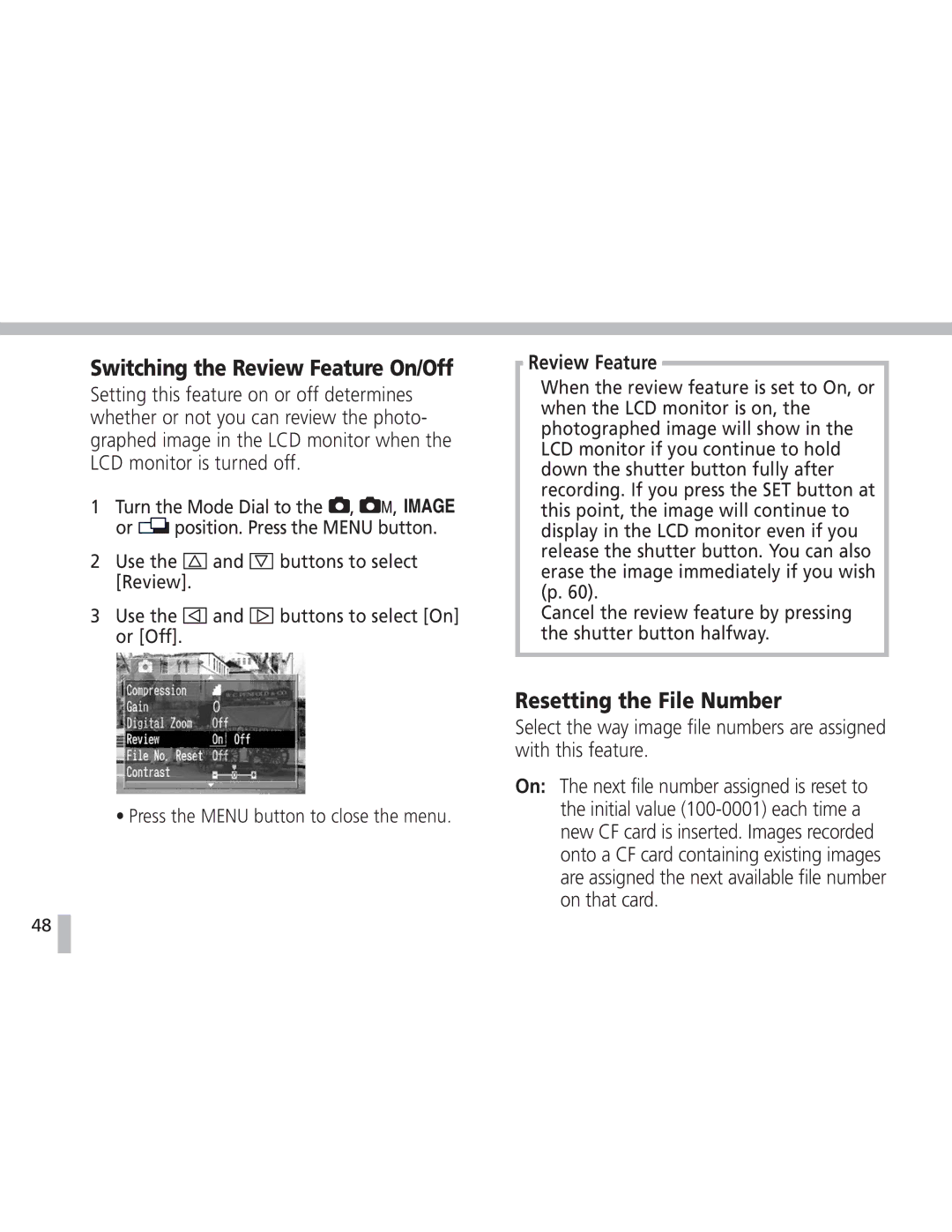 Canon S20 operating instructions Switching the Review Feature On/Off, Resetting the File Number 