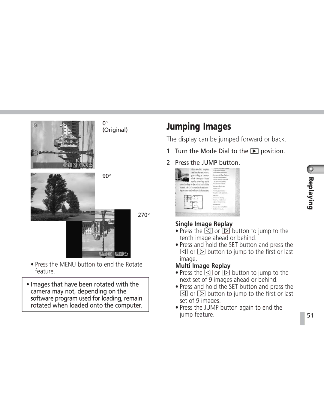 Canon S20 operating instructions Jumping Images, Press the Menu button to end the Rotate feature 