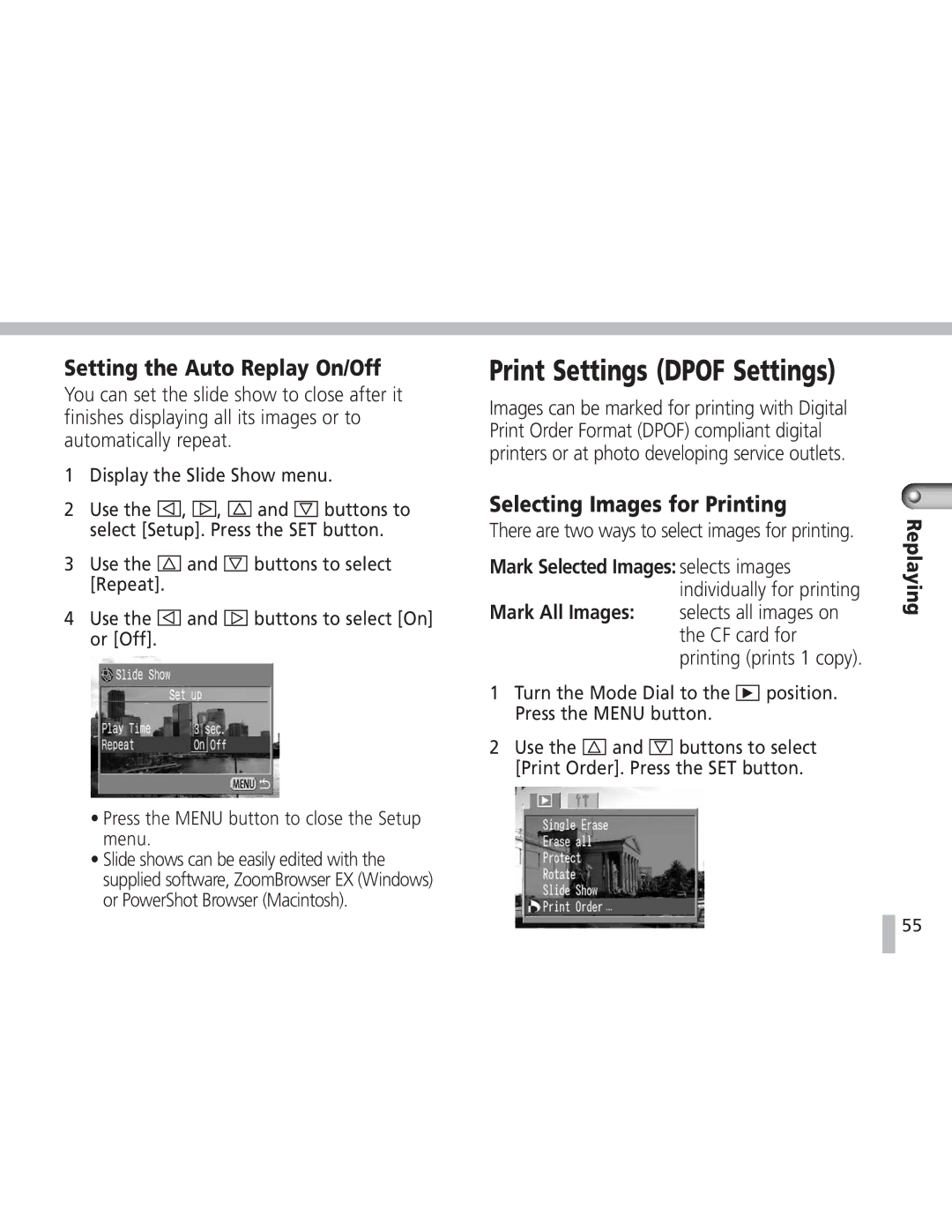 Canon S20 operating instructions Setting the Auto Replay On/Off, Selecting Images for Printing 