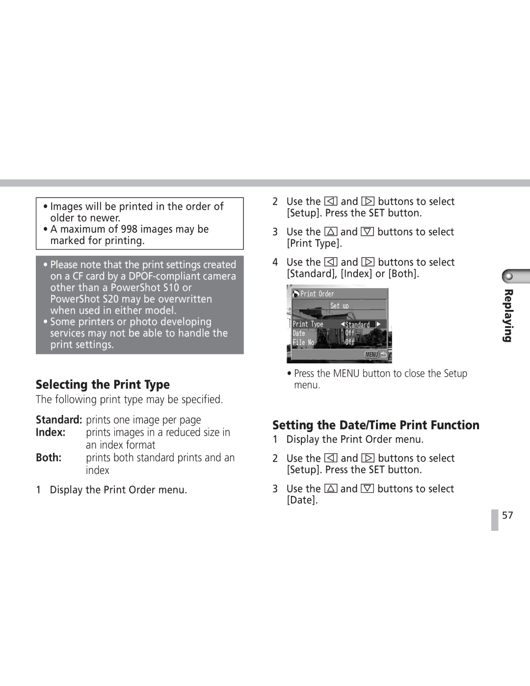 Canon S20 Selecting the Print Type, Setting the Date/Time Print Function, Maximum of 998 images may be marked for printing 