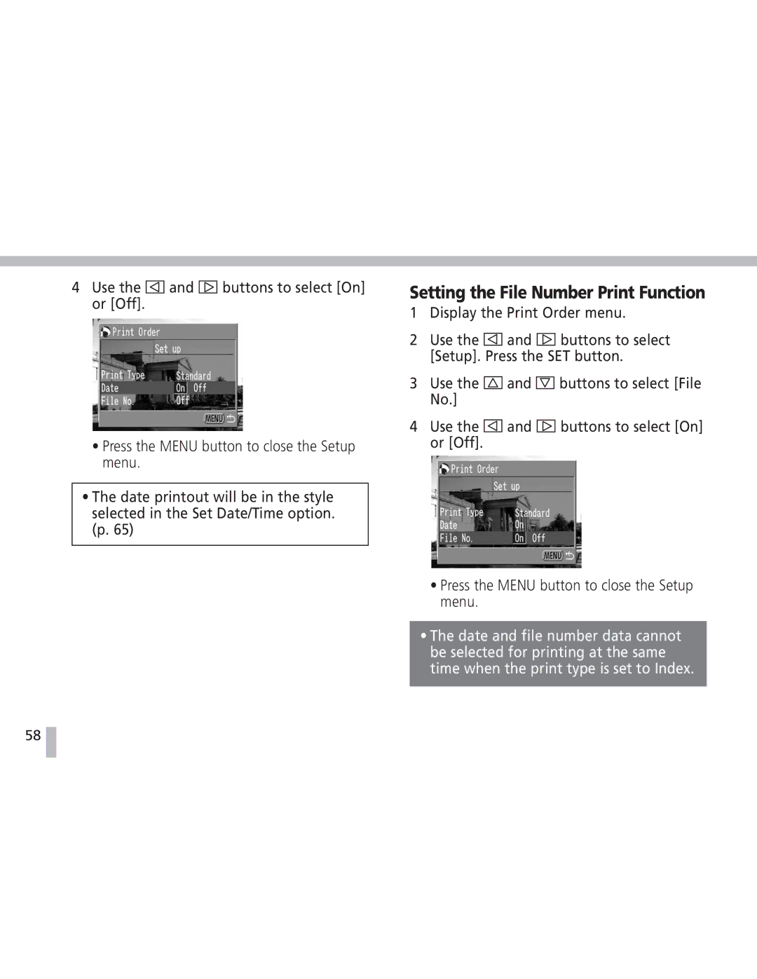 Canon S20 operating instructions Setting the File Number Print Function 