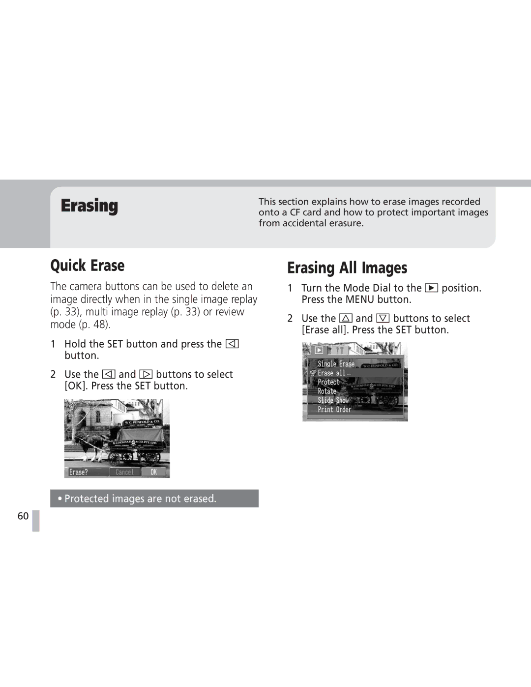 Canon S20 operating instructions Quick Erase, Erasing All Images 