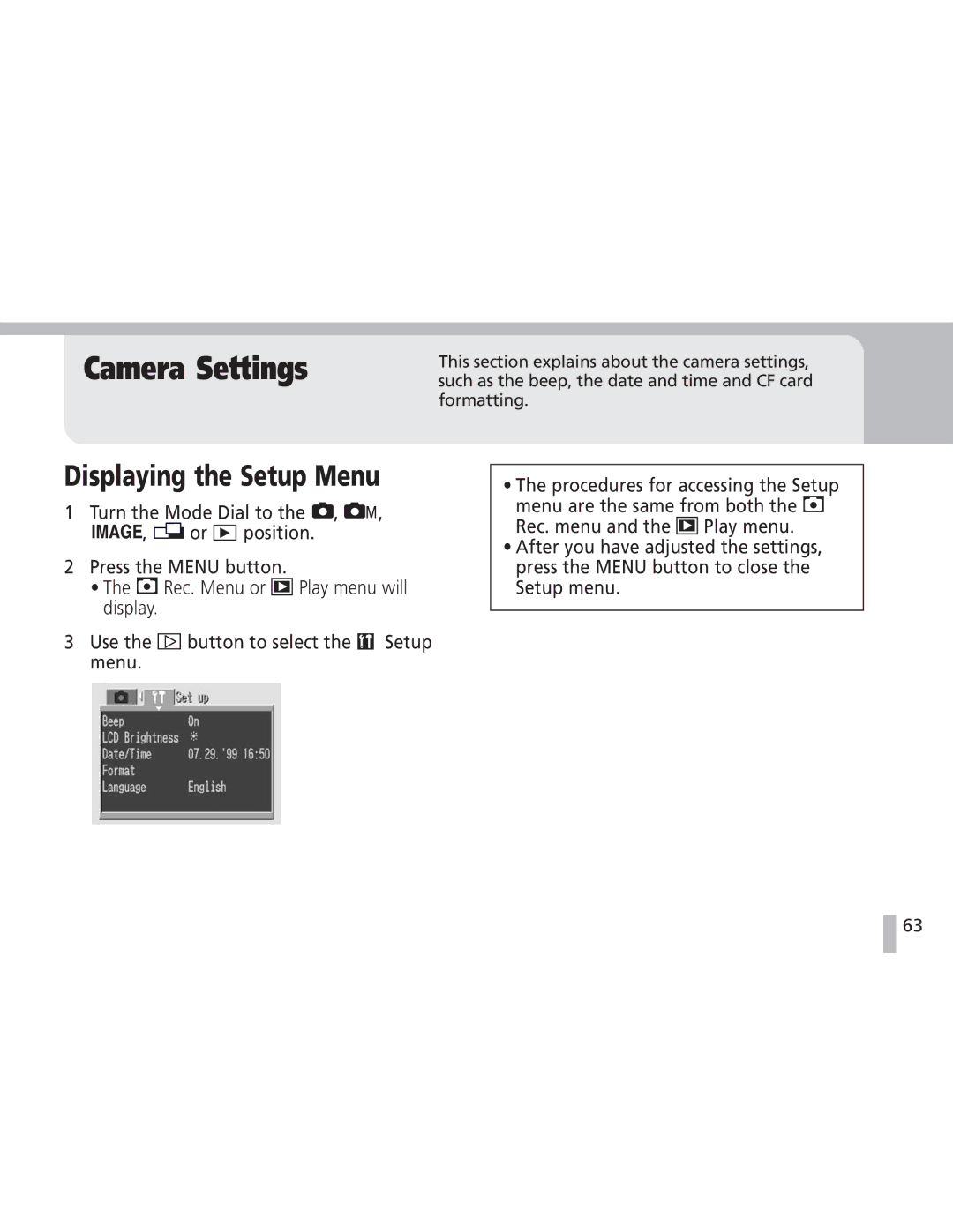 Canon S20 operating instructions Camera Settings, Displaying the Setup Menu 