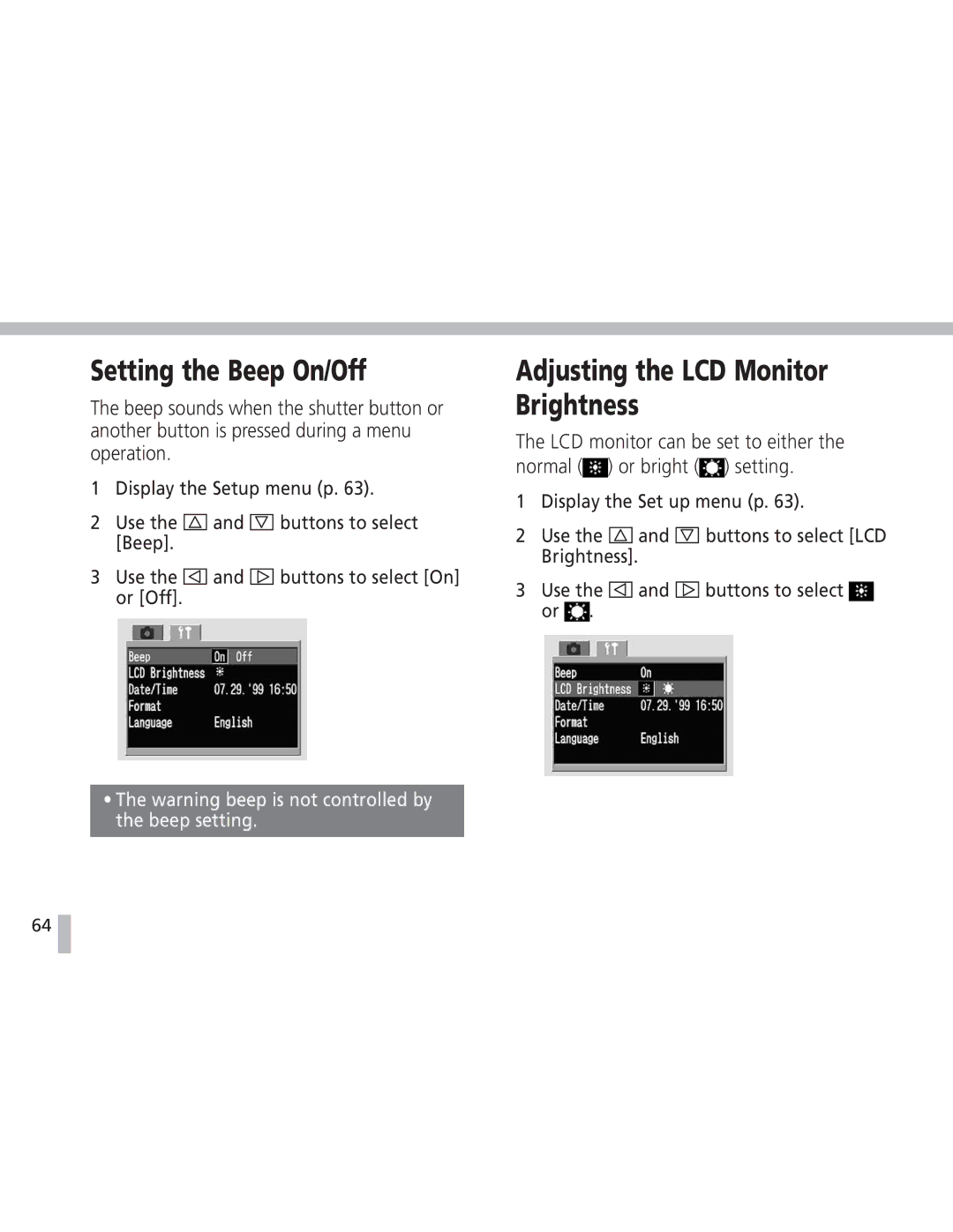 Canon S20 operating instructions Setting the Beep On/Off, Adjusting the LCD Monitor Brightness 