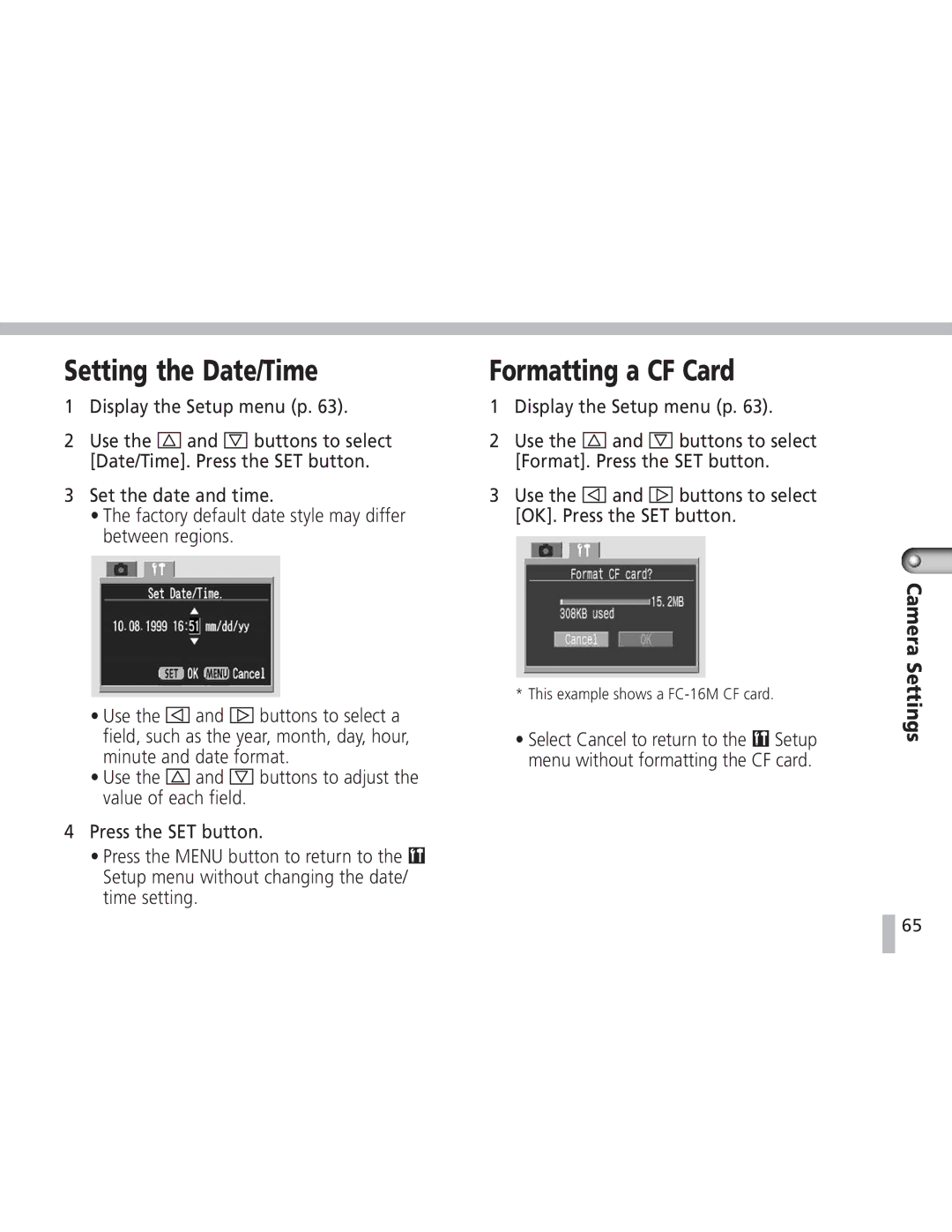 Canon S20 operating instructions Setting the Date/Time, Formatting a CF Card 