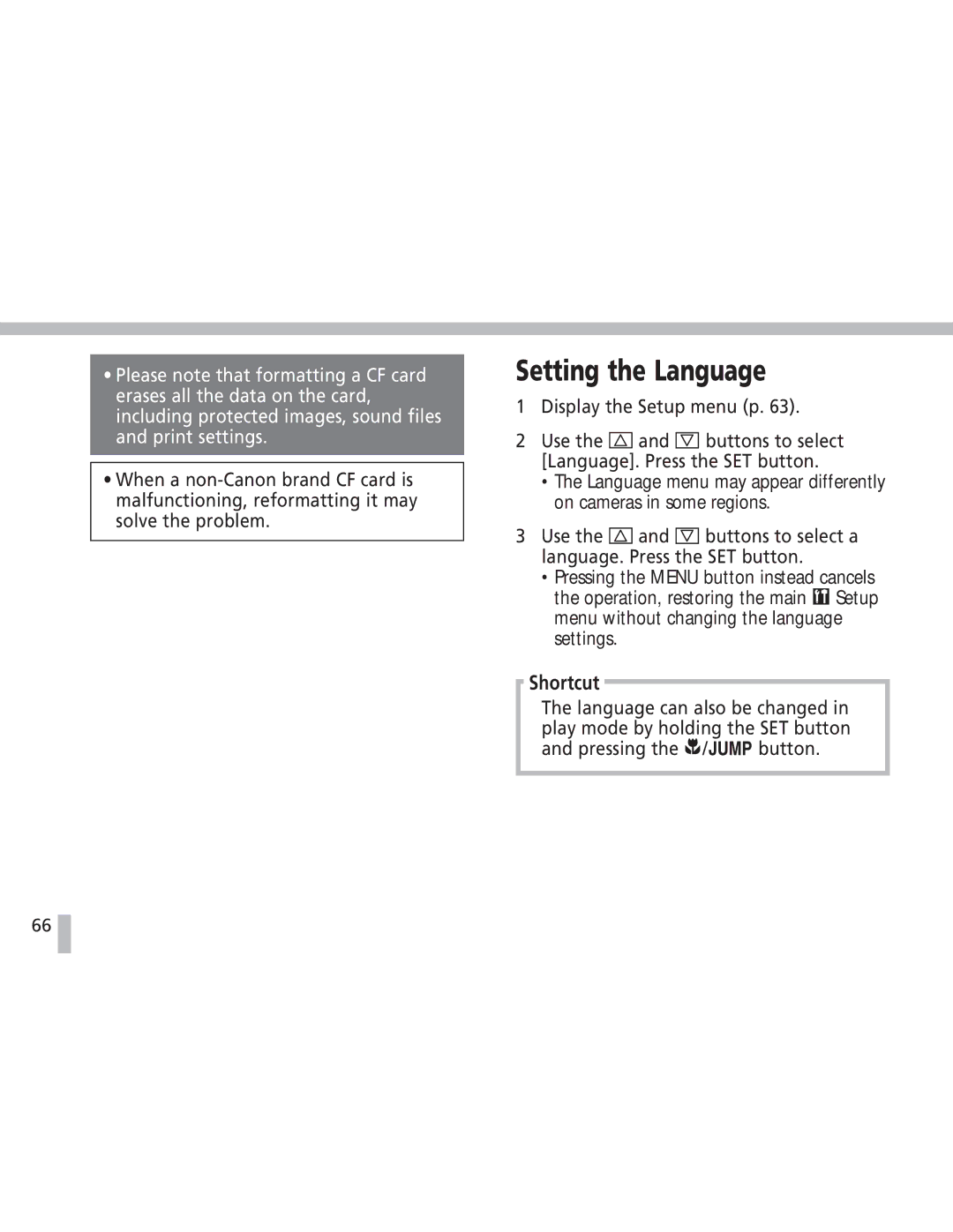 Canon S20 operating instructions Setting the Language, Pressing Button 