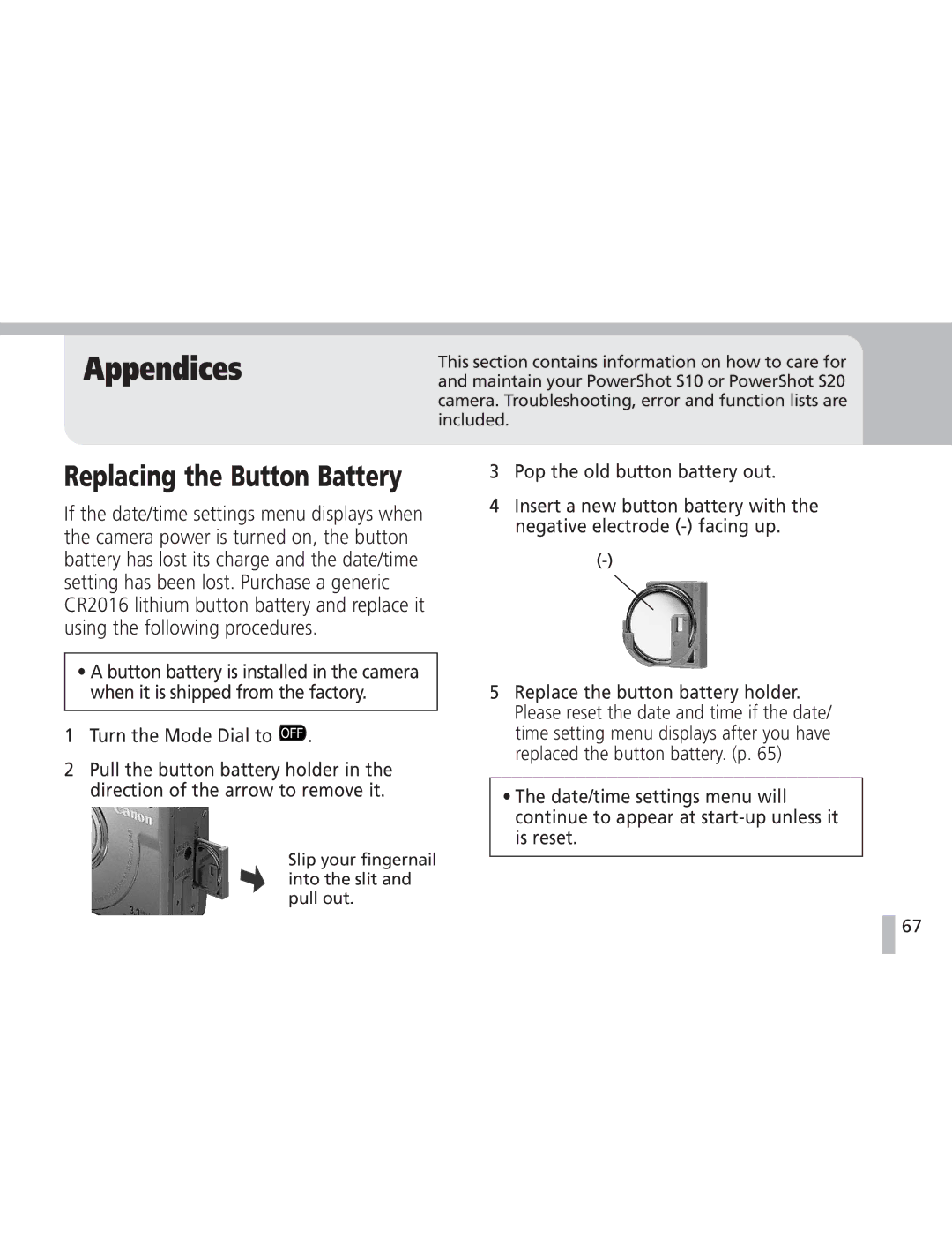 Canon S20 operating instructions Appendices, Replacing the Button Battery 