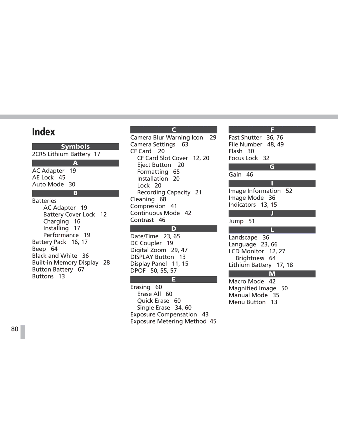 Canon S20 operating instructions Index, Symbols 