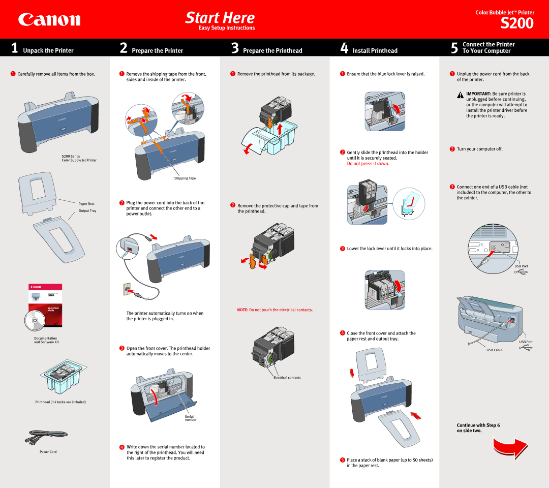 Canon S200 manual Unpack the Printer, Prepare the Printer Prepare the Printhead, Connect the Printer To Your Computer 