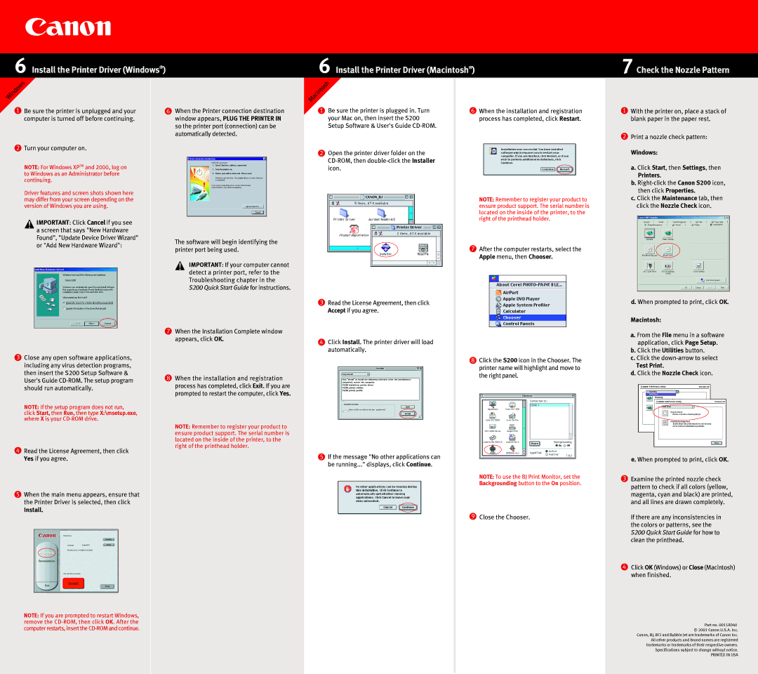 Canon S200 manual Windows, Macintosh, Click the Nozzle Check icon, Install 