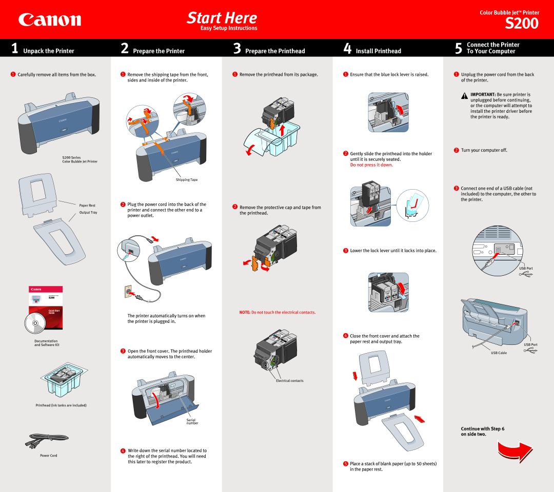 Canon S200 manual Unpack the Printer, Prepare the Printer, Prepare the Printhead, Connect the Printer To Your Computer 