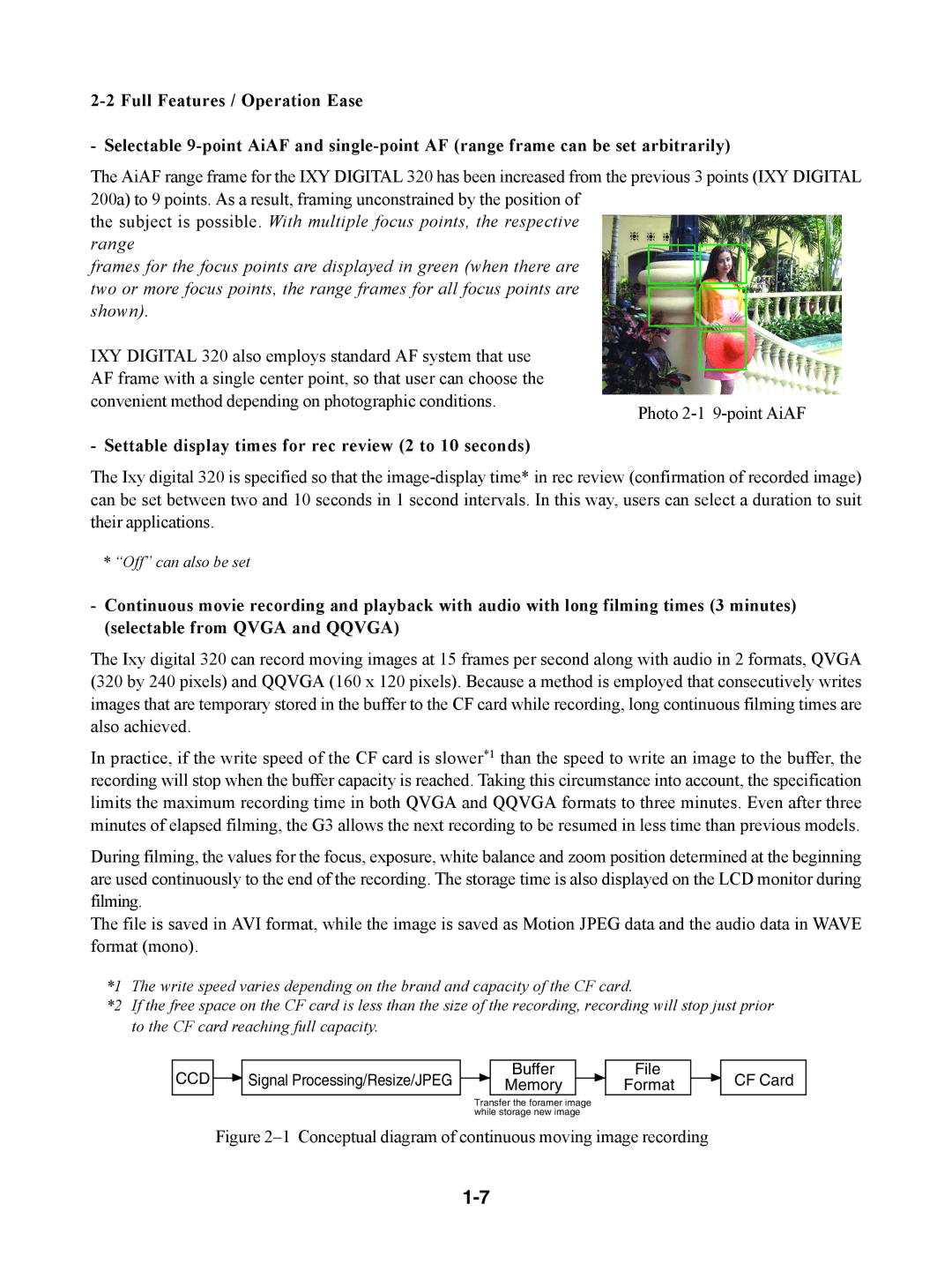 Canon S230 Settable display times for rec review 2 to 10 seconds, Conceptual diagram of continuous moving image recording 