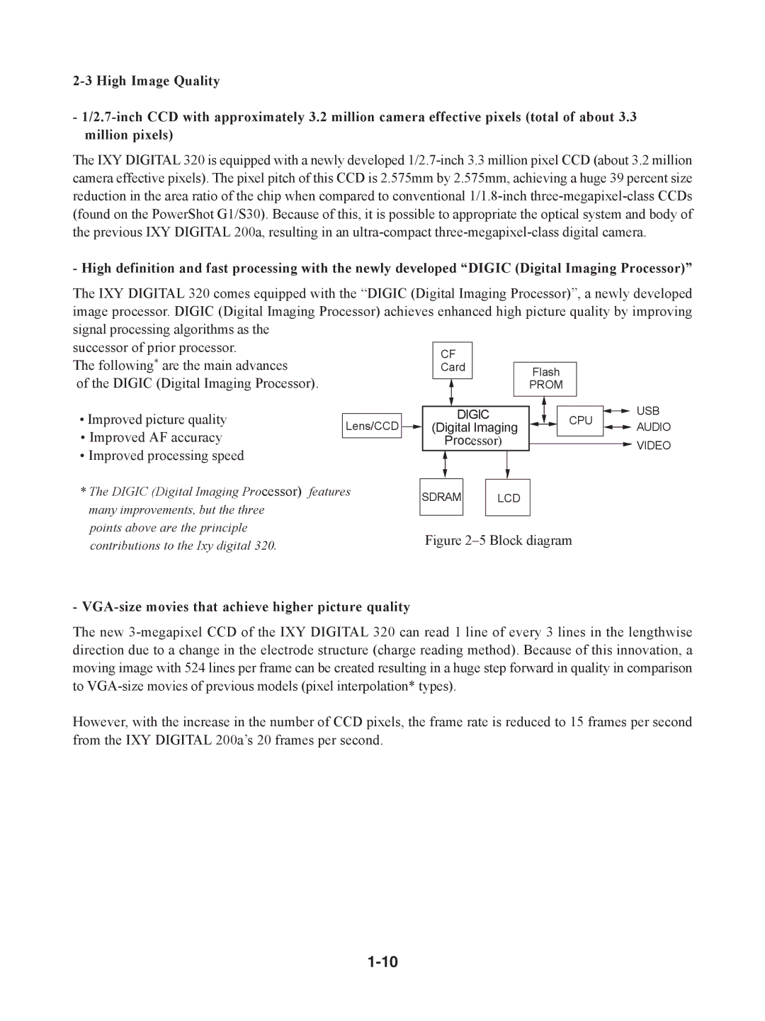 Canon S230 manual Block diagram, VGA-size movies that achieve higher picture quality 