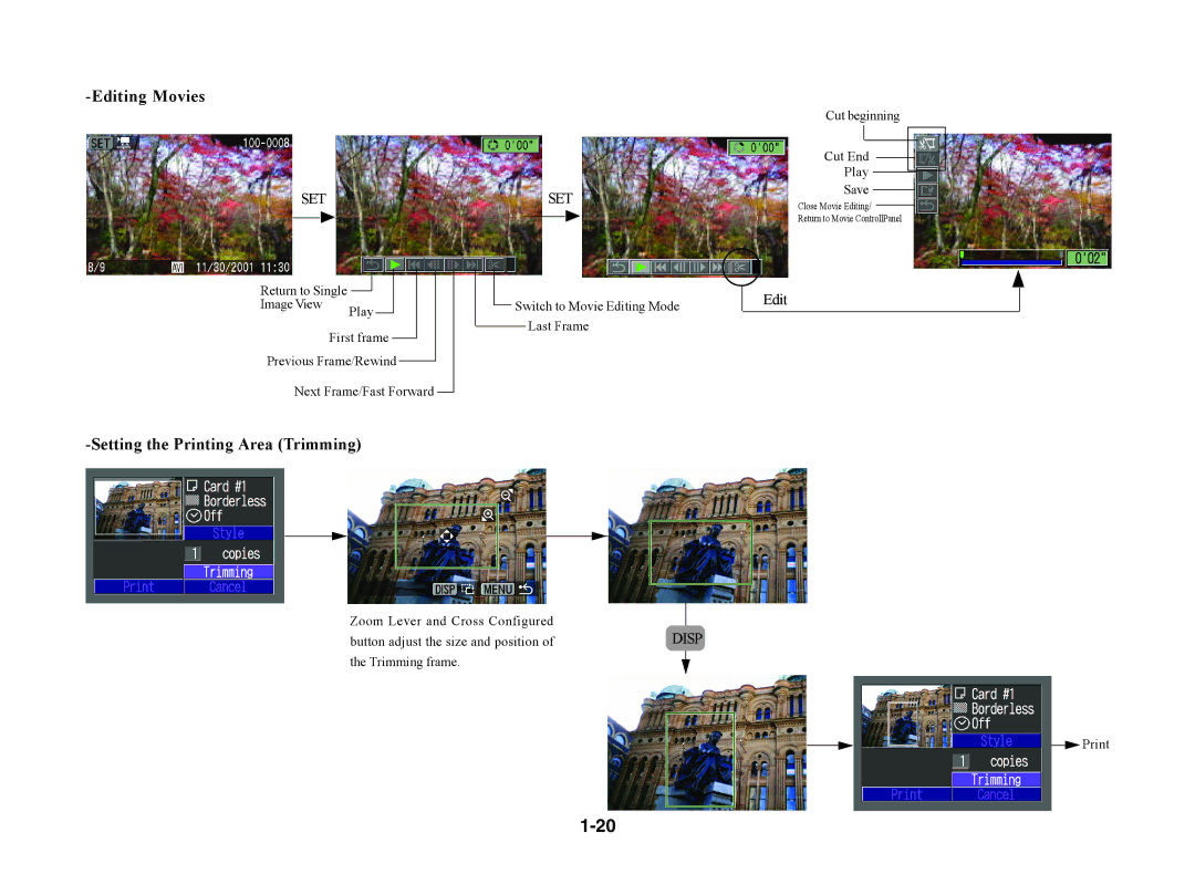 Canon S230 manual Editing Movies, Setting the Printing Area Trimming 