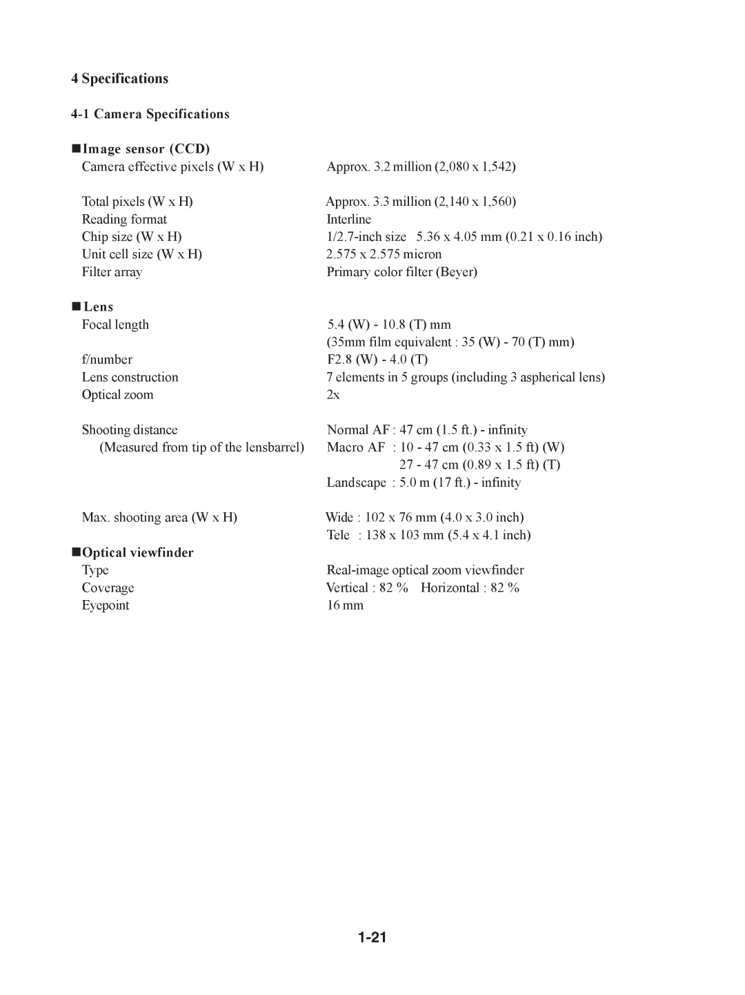 Canon S230 manual Camera Specifications „ Image sensor CCD, „ Lens, „Optical viewfinder 