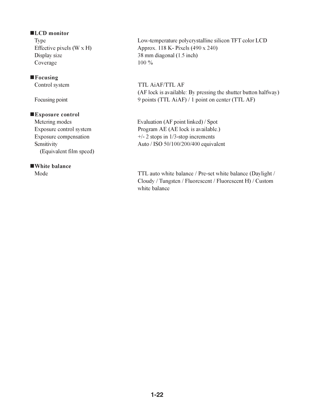 Canon S230 manual „LCD monitor, „Focusing, „Exposure control, „White balance 