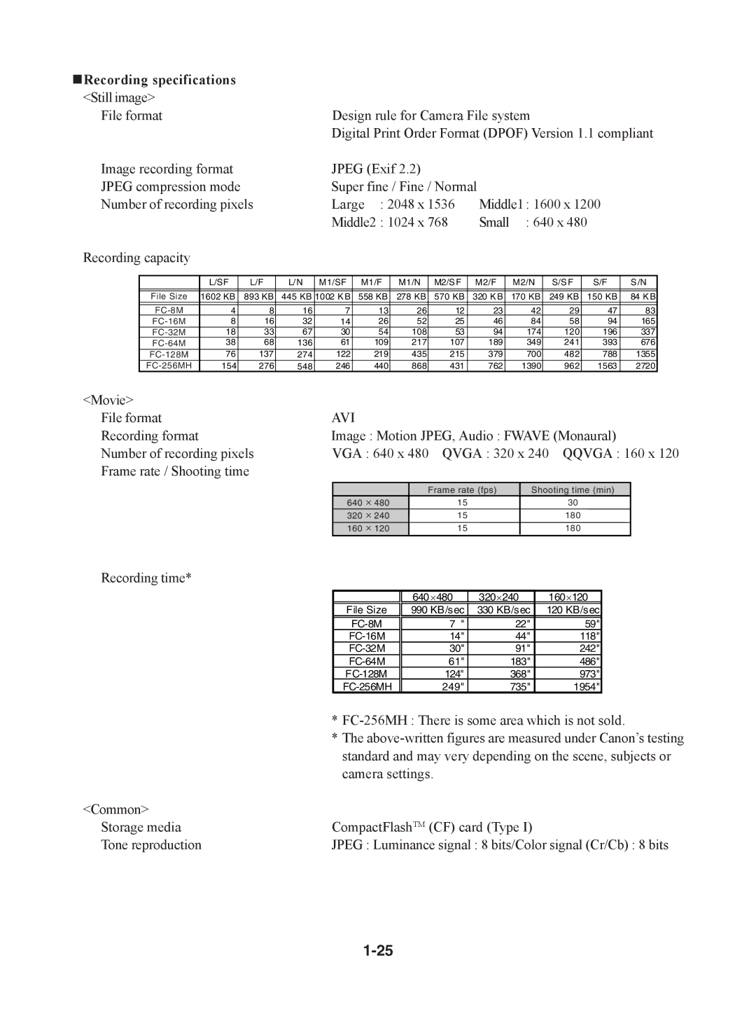 Canon S230 manual „ Recording specifications Still image, M1/SF 