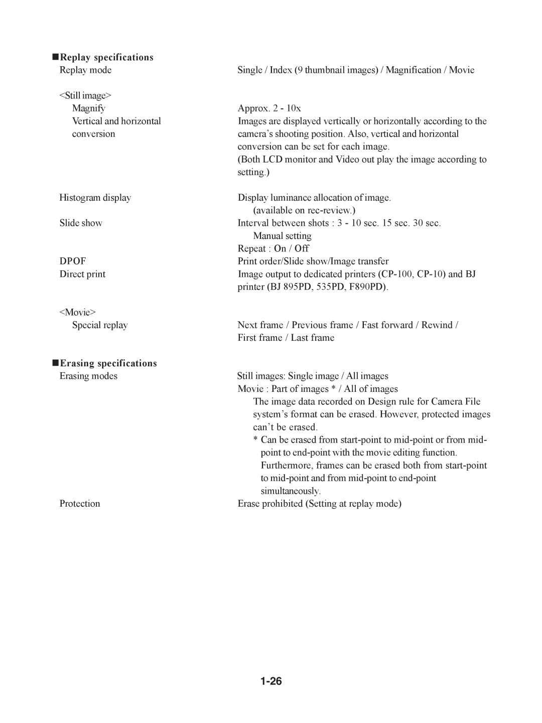 Canon S230 manual „Replay specifications, „ Erasing specifications 