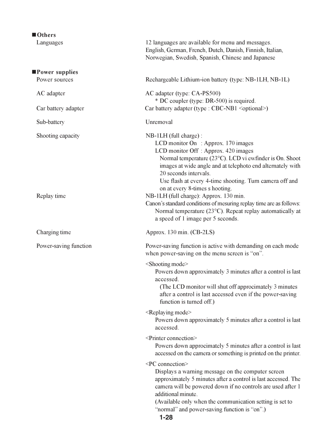 Canon S230 manual „Others, „Power supplies 