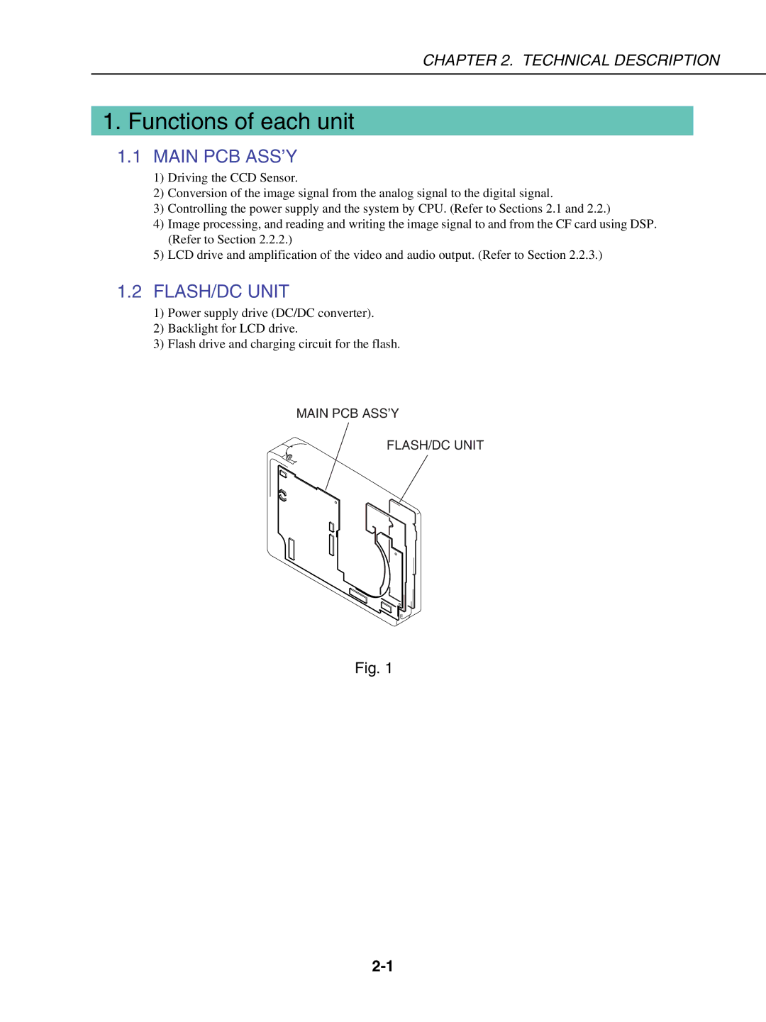 Canon S230 manual Functions of each unit, Main PCB ASS’Y 