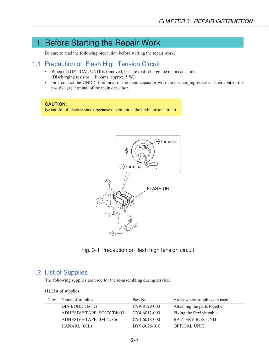 Canon S230 manual Before Starting the Repair Work, Precaution on Flash High Tension Circuit, List of Supplies 