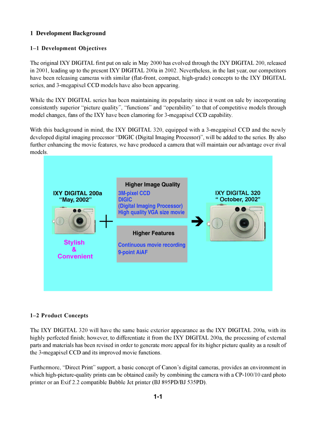 Canon S230 manual Development Objectives, Product Concepts 