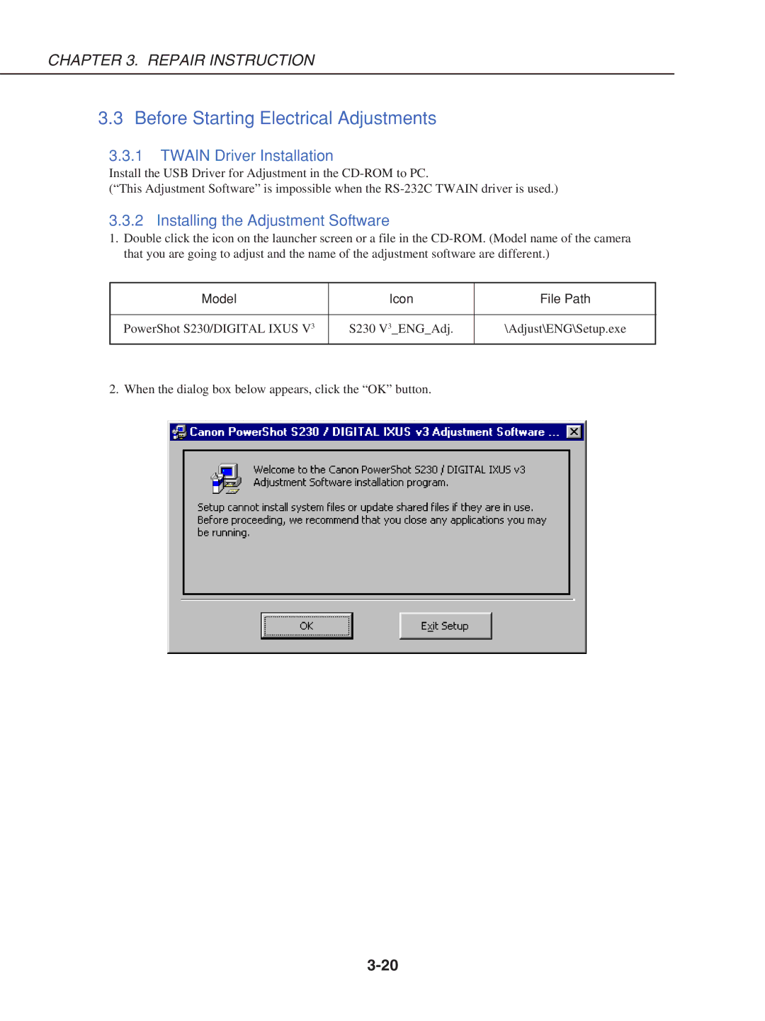 Canon S230 manual Before Starting Electrical Adjustments, Twain Driver Installation, Installing the Adjustment Software 