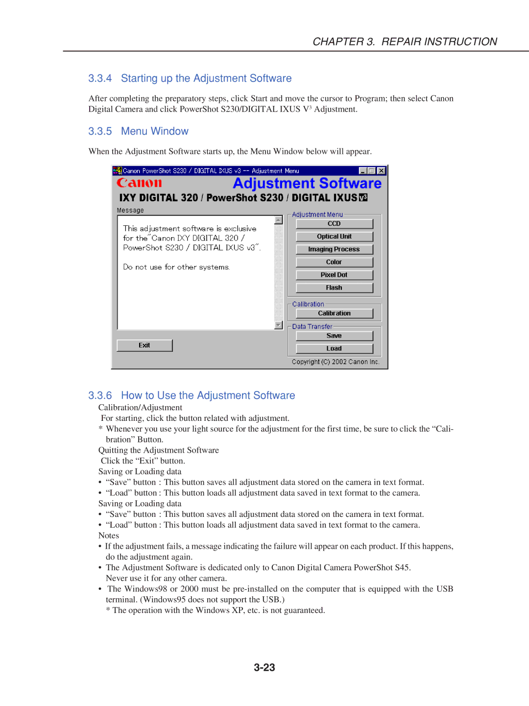 Canon S230 manual Starting up the Adjustment Software, Menu Window, How to Use the Adjustment Software 