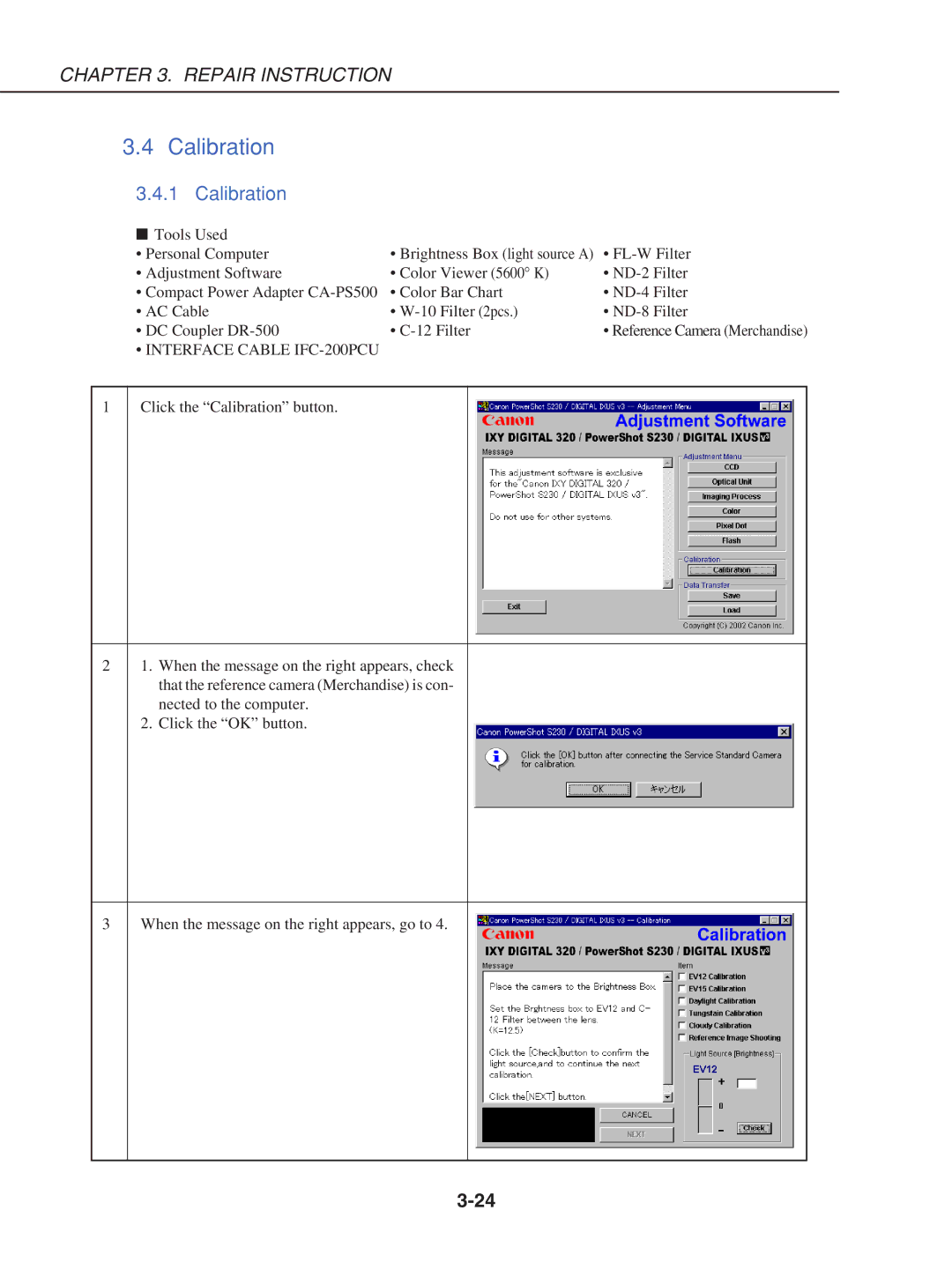 Canon S230 manual Calibration 