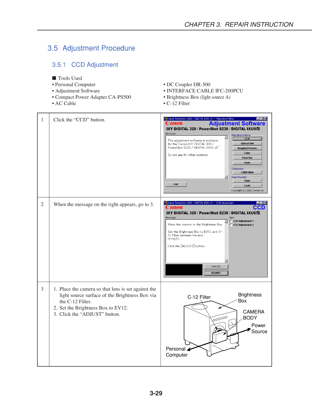 Canon S230 manual Adjustment Procedure, CCD Adjustment 