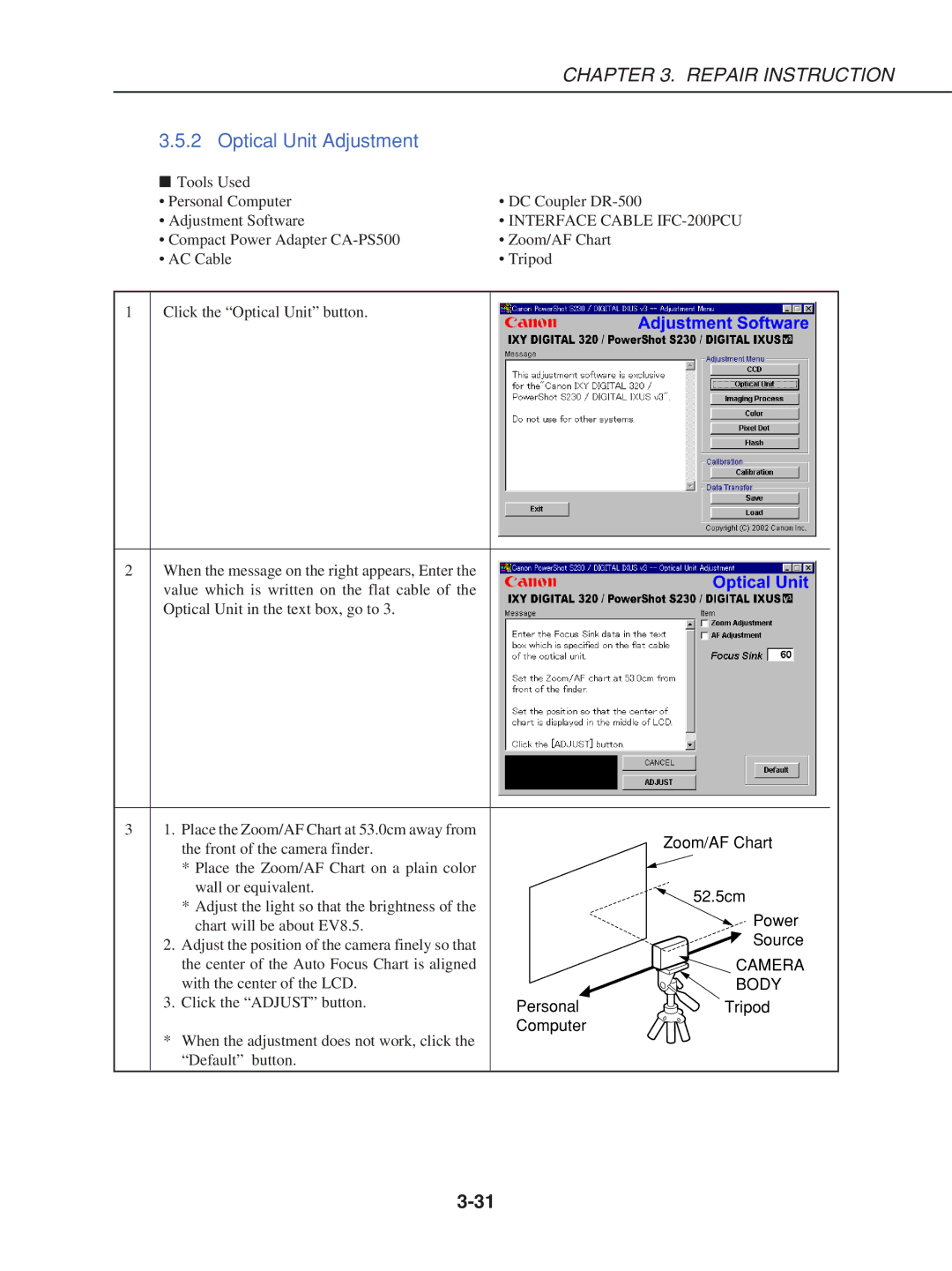 Canon S230 manual Optical Unit Adjustment 