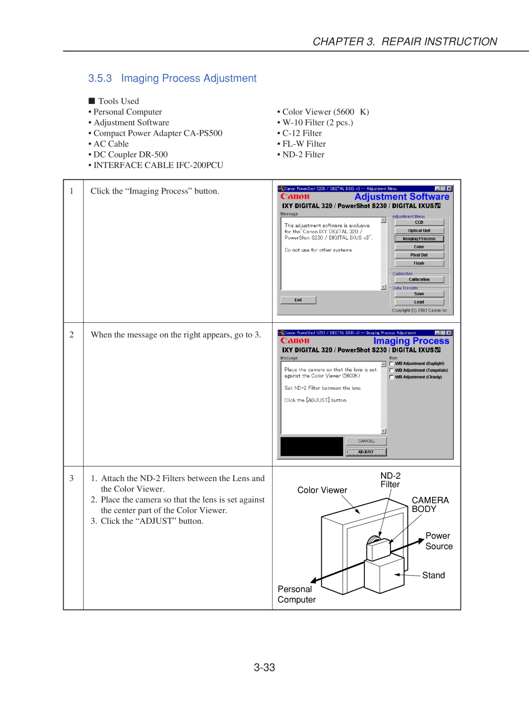 Canon S230 manual Imaging Process Adjustment 